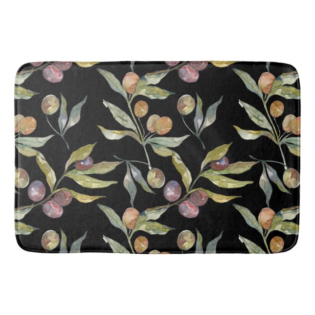 Tapete De Banheiro Linda Aquarela Azeitona Italiana Padrão Preto (Frente)