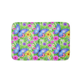 Tapete De Banheiro Linda Borboleta Azul com flores Aquarela