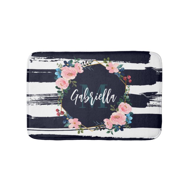 Tapete De Banheiro Listras E Monograma De Moldura Floral (frente)