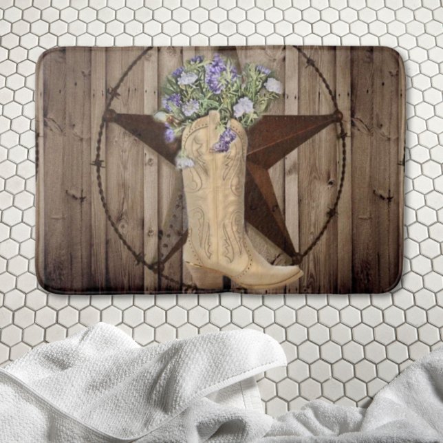 Tapete De Banheiro madeira de celeiro rústico flor silvestre caubói e (rustic barn wood wildflower cowboy western star bath mat)