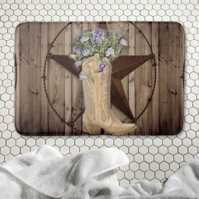Tapete De Banheiro madeira de celeiro rústico flor silvestre estrela  (rustic barn wood wildflower western star cowgirl bath mat)