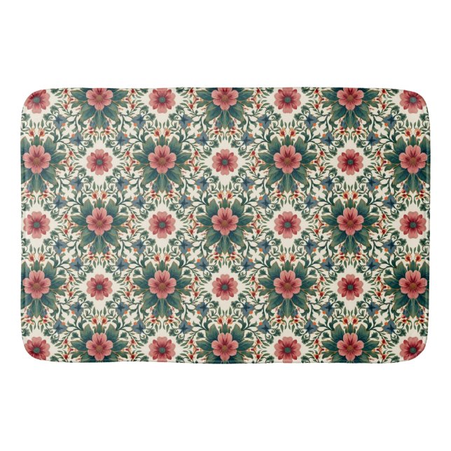 Tapete De Banheiro Magia das Flores Boho - em Tons de Verde e Rosa (Frente)