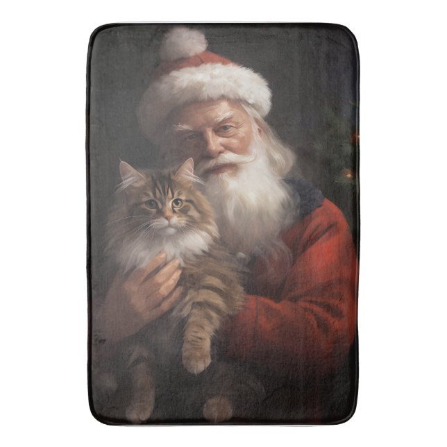 Tapete De Banheiro Maine Coon com Papai Noel Natal Festivo (Frente Vertical)