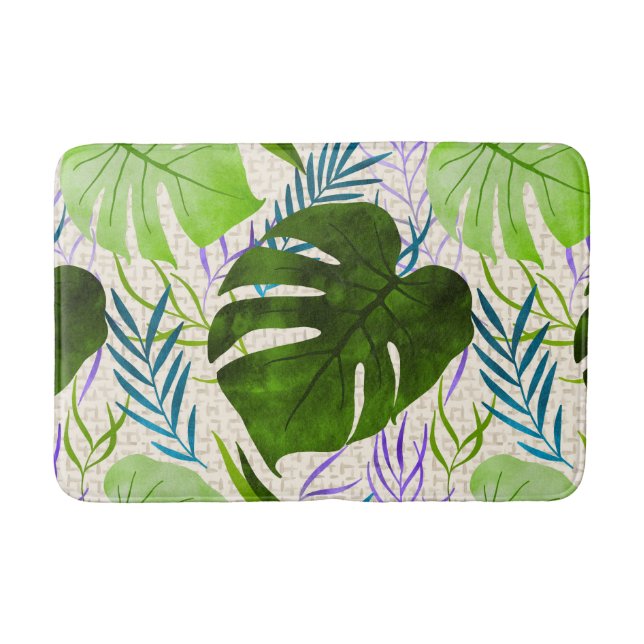 Tapete De Banheiro Maleah Monstera Tropical Havaiana - Verde-Aquarela (Frente)