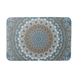 Tapete De Banheiro Mandala Azul e Bege Padrão Geométrico Intrincado