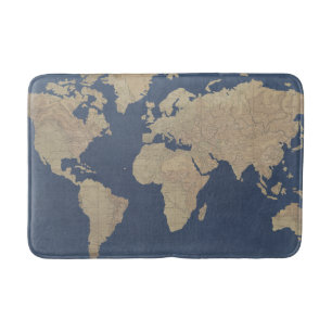 Tapete De Banheiro Mapa Mundial Dourado e Azul