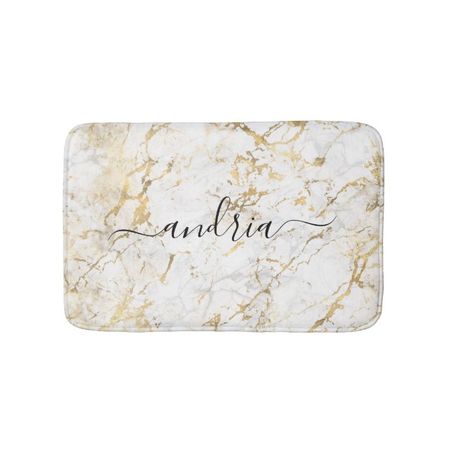 Tapete De Banheiro Marble branco e Dourado, nome de script preto (frente)