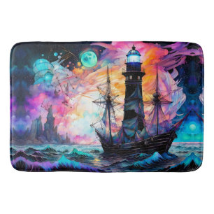 Tapete De Banheiro Mares tempestuosos, farol de barco Abstrato da Lua