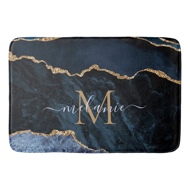 Tapete De Banheiro Marinho Azul Dourado Marble - Letra Personalizada  (Frente)