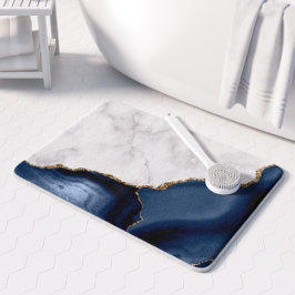 Tapete De Banheiro Mármore Branco Ágata Azul-Marinho Dourada