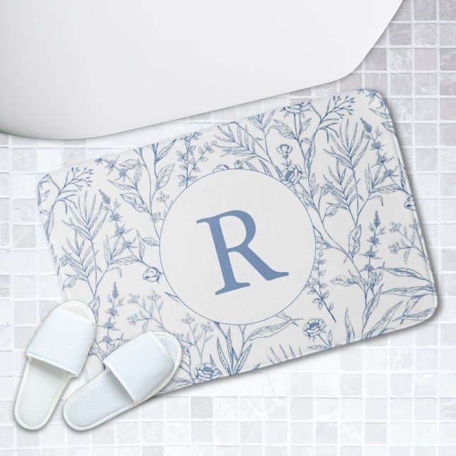 Tapete De Banheiro Matriz Floral Monograma Azul-Branco (Dainty Blue & White Floral Monogram Bath Mat
)