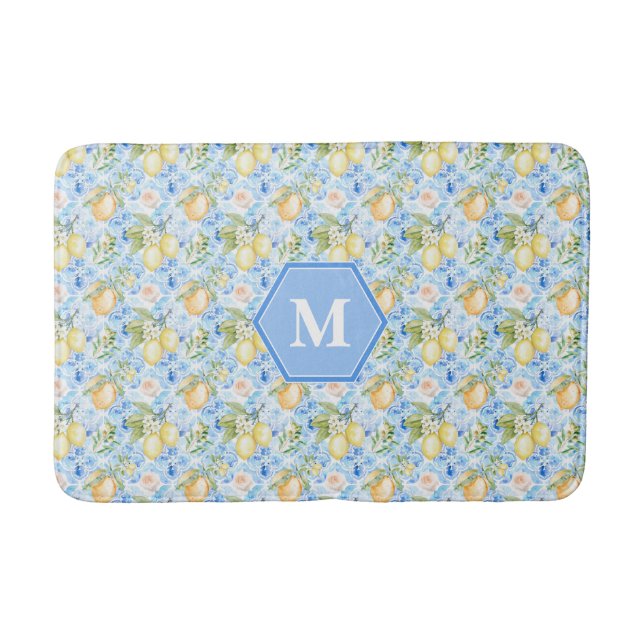 Tapete De Banheiro Mediterranean Blue Tile Limoncello Monogram Name (Frente)