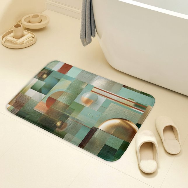 Tapete De Banheiro Modern Abstract Bauhaus Green Gold Pattern (Bath mat featuring a modern abstract design inspired by the Bauhaus style in green and gold)