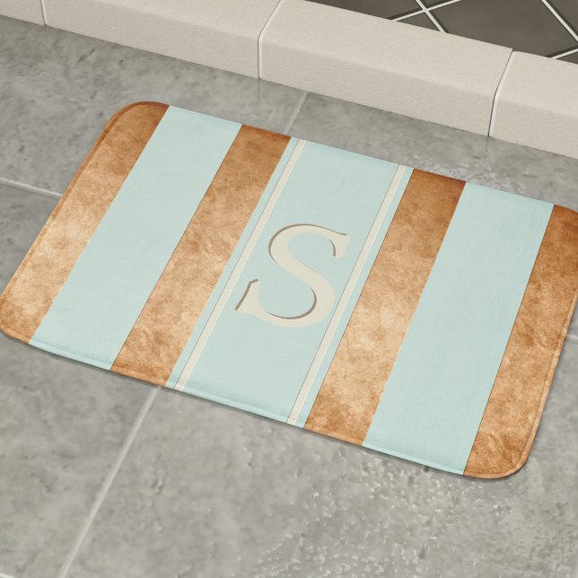 Tapete De Banheiro Modern Strips Robin Ovo Blue Cobre Mat (Just add your initial to this stylishly striped copper and robin egg blue bath mat)