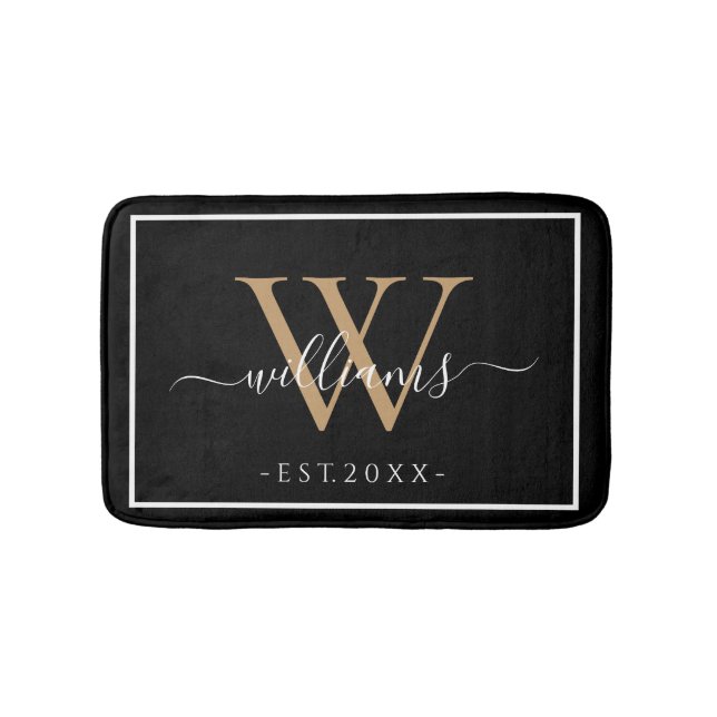 Tapete De Banheiro Monogram Chic Gold Script Names Wedding Date Black (frente)