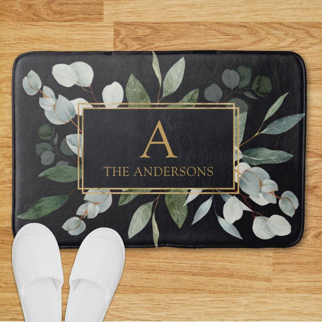 Tapete De Banheiro Monogram Watercolor Tropical Green Leaves Black (In situ)