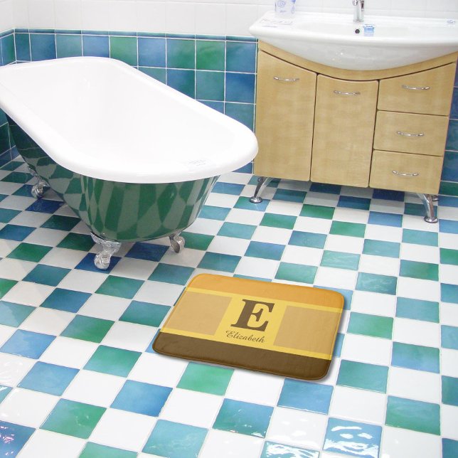 Tapete De Banheiro Monograma Amarelo-Amarelo-Elegante-Moderno em tira (A unique monogramed bath mat to add a touch of luxury to bath time.)