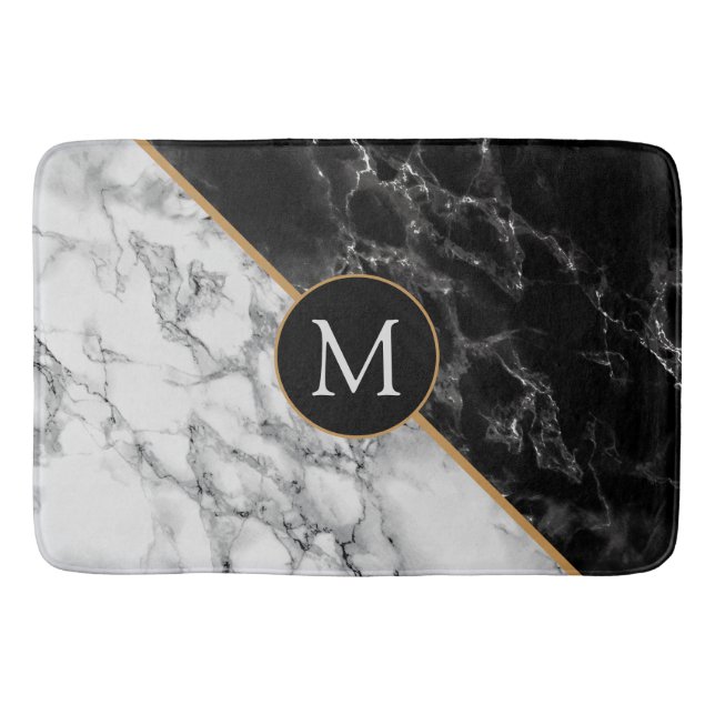 Tapete De Banheiro Monograma Bath Mat com mármore preto e branco (Frente)