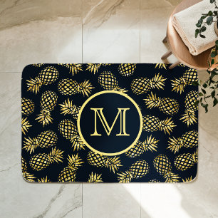 Tapete De Banheiro Monograma com padrão de abacaxi dourado azul naval