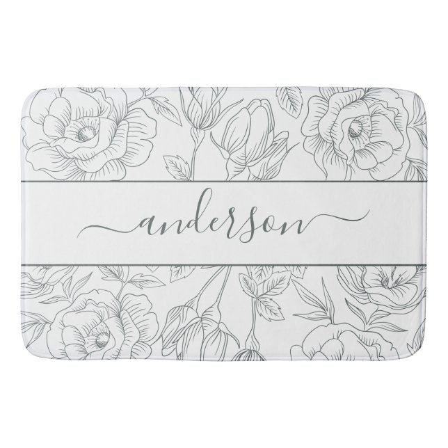 Tapete De Banheiro Monograma da Cinza Botânica Floral Elegante (Frente)
