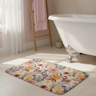 Tapete De Banheiro Monograma da Flor Prensada Rosa e Amarelo