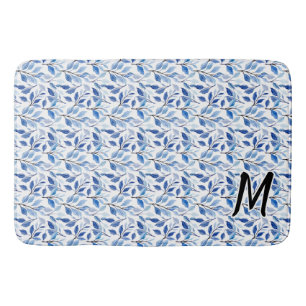 Tapete De Banheiro Monograma de Arte Fino em Mosaico de Folha Azul em