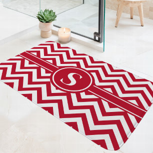 Tapete De Banheiro Monograma de Chevron Vermelho e Branco