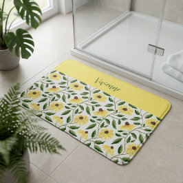 Tapete De Banheiro Monograma de Flor Silvestre Aguarela Verde Amarelo