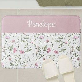 Tapete De Banheiro Monograma de Flor Silvestre com Aquarela Rosa Verd