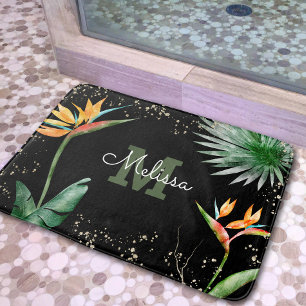 Tapete De Banheiro Monograma de Folhagem Floral Tropical Dourado Pret