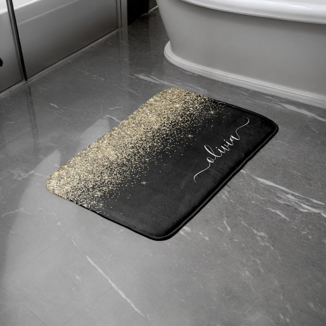 Tapete De Banheiro Monograma de Letra com Brilho Preto e Dourado Nome (Criador carregado)