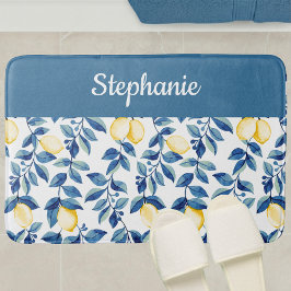 Tapete De Banheiro Monograma de Limão Aquarela Azul Amarelo