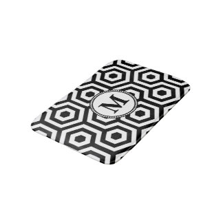 Tapete De Banheiro Monograma de Padrão Geométrico Preto e Branco