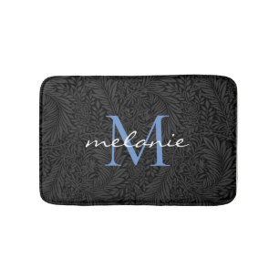 Tapete De Banheiro Monograma de Script Azul Floral Preto Elegante