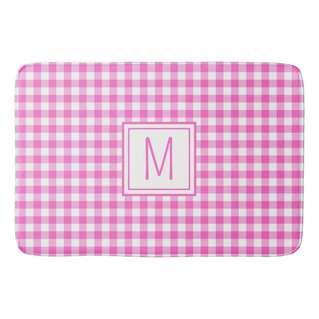 Tapete De Banheiro Monograma de Xadrez Gingham, rosa e branco (Frente)
