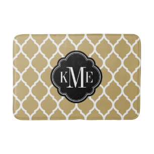 Tapete De Banheiro Monograma do Quatrefoil de Marrocos Dourado e pret