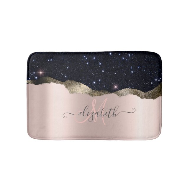 Tapete De Banheiro Monograma Dourado com Rosa de brilho preto moderno (frente)