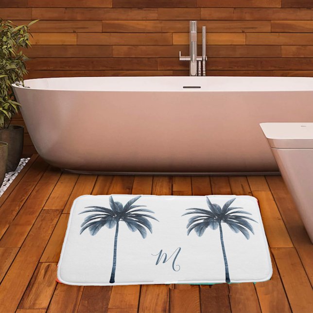 Tapete De Banheiro Monograma Elegante de Árvore Palm Azul Tropical (Criador carregado)