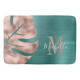 Tapete De Banheiro Monograma Folha de Palma Verde Dourado Rosa Elegan