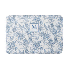 Tapete De Banheiro Monograma Francês Toile de Jouy Floral Vintage Azu