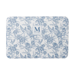 Tapete De Banheiro Monograma Francês Toile de Jouy Floral Vintage Azu
