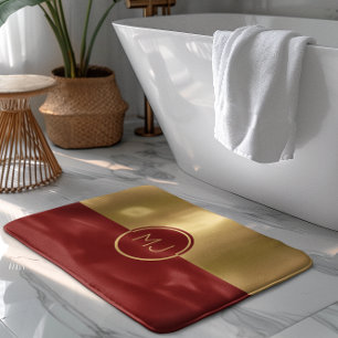 Tapete De Banheiro Monograma Geométrico Dourado e Vermelho