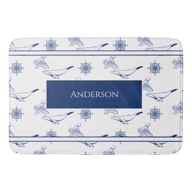 Tapete De Banheiro Monograma náutico Baleias e marinho de polvo Branc (Frente)