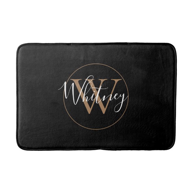 Tapete De Banheiro Monograma Nome em Script Elegante Dourado Preto  (Frente)