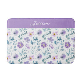Tapete De Banheiro Monograma Nome Flor Silvestre Aquarela Roxo Verde