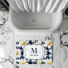 Tapete De Banheiro Monograma Personalizado de Gingham Azul com Margar