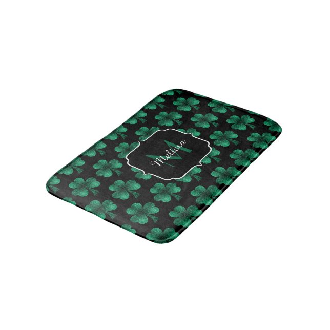 Tapete De Banheiro Monograma preto de Shamrock Verde Sparkle Emerald (Angulado)