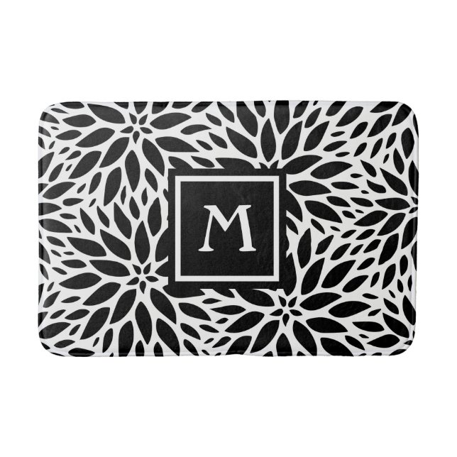 Tapete De Banheiro Monograma preto e branco Dahlias Bath Mat (Frente)