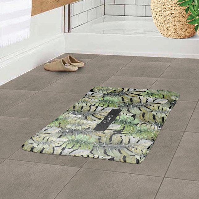 Tapete De Banheiro Monstera Tropical Palma Pastel Monogramada (Criador carregado)