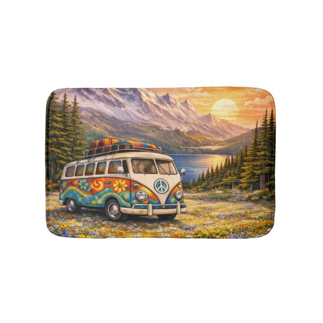 Tapete De Banheiro Mountain Sunset Wildflowers Retro Hippie Van Life (frente)